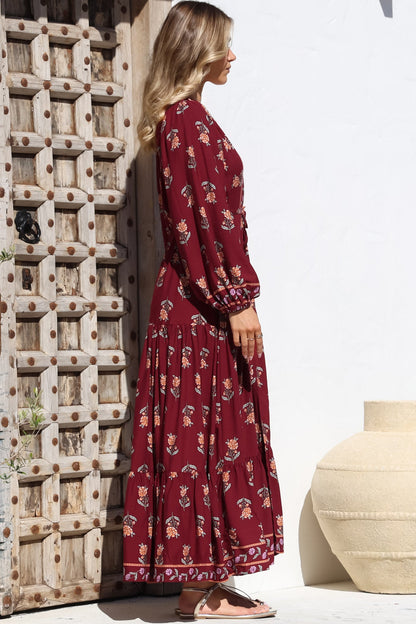 JAASE - Teresa Maxi Dress: A Line Dress with Long Balloon Sleeves in Grenache Print