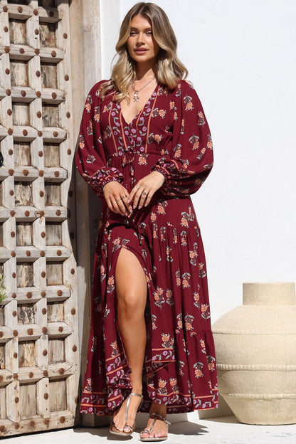 JAASE - Teresa Maxi Dress: A Line Dress with Long Balloon Sleeves in Grenache Print
