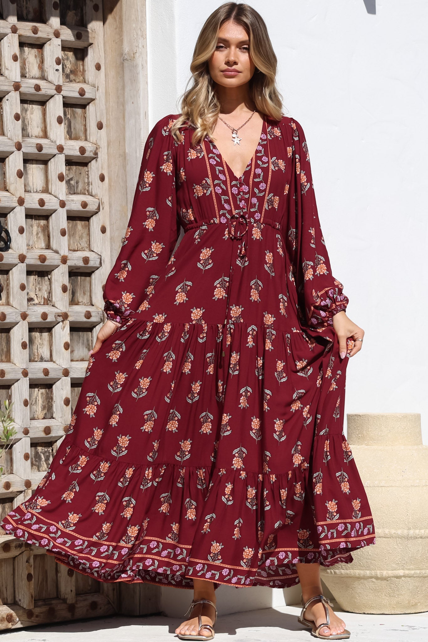 JAASE - Teresa Maxi Dress: A Line Dress with Long Balloon Sleeves in Grenache Print