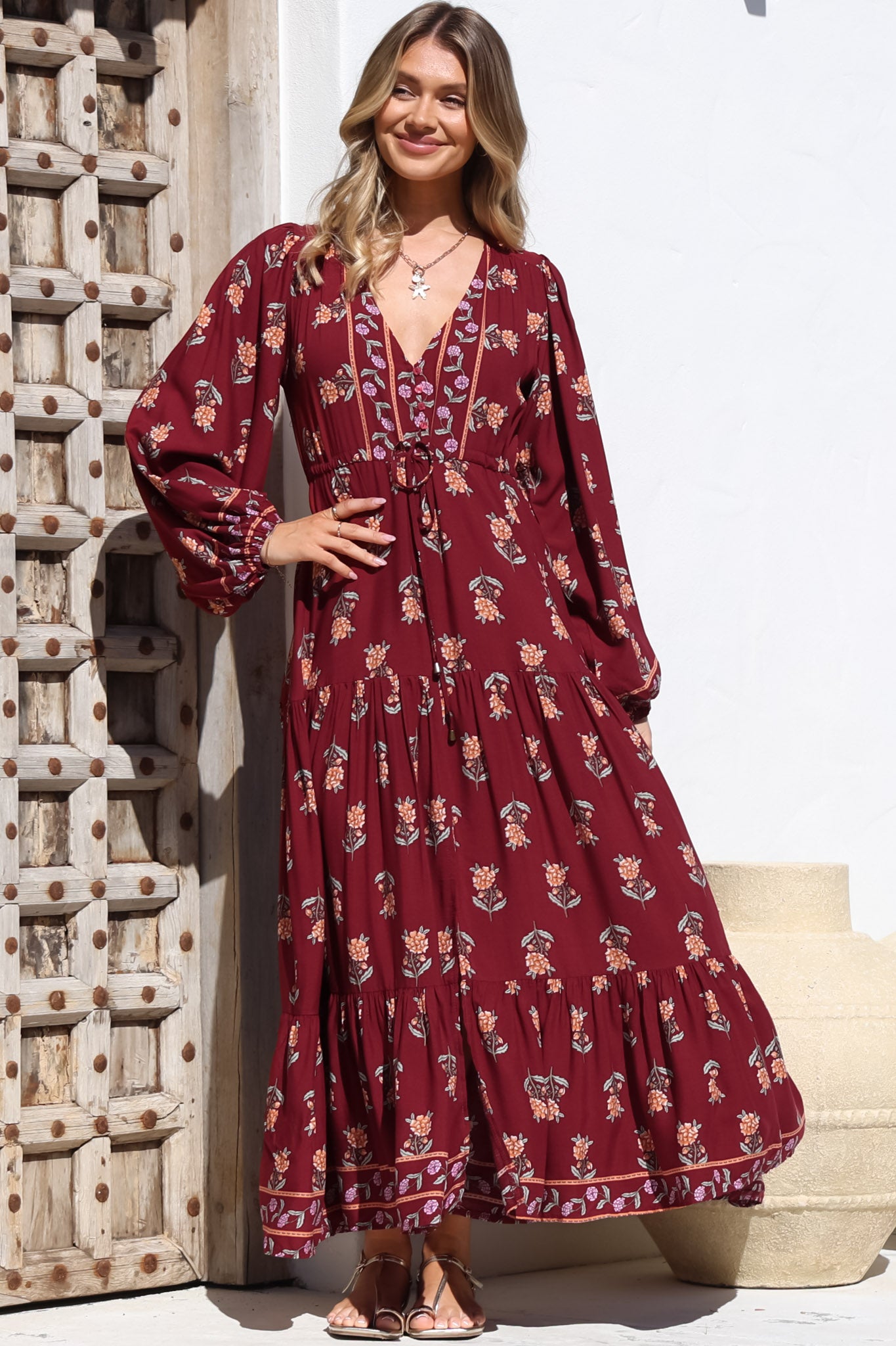 JAASE - Teresa Maxi Dress: A Line Dress with Long Balloon Sleeves in Grenache Print