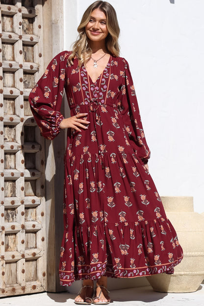 JAASE - Teresa Maxi Dress: A Line Dress with Long Balloon Sleeves in Grenache Print