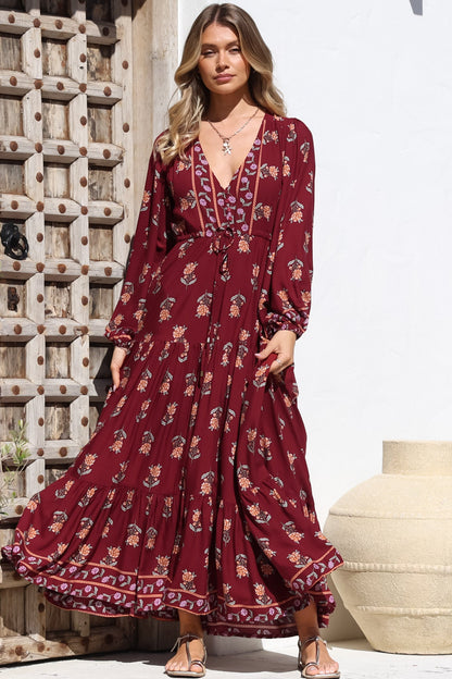 JAASE - Teresa Maxi Dress: A Line Dress with Long Balloon Sleeves in Grenache Print