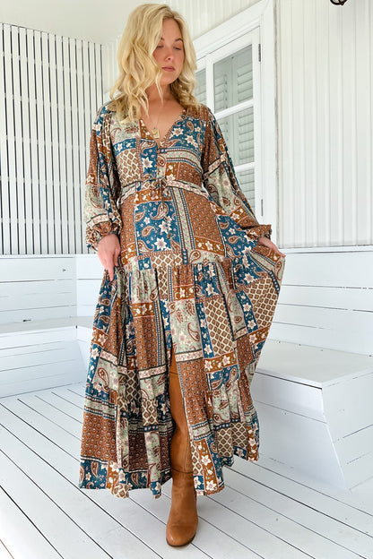 JAASE - Teresa Maxi Dress: A Line Dress with Long Balloon Sleeves in Izabelle Print