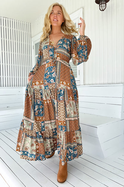 JAASE - Teresa Maxi Dress: A Line Dress with Long Balloon Sleeves in Izabelle Print
