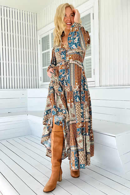 JAASE - Teresa Maxi Dress: A Line Dress with Long Balloon Sleeves in Izabelle Print
