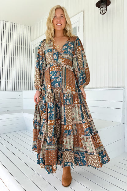 JAASE - Teresa Maxi Dress: A Line Dress with Long Balloon Sleeves in Izabelle Print