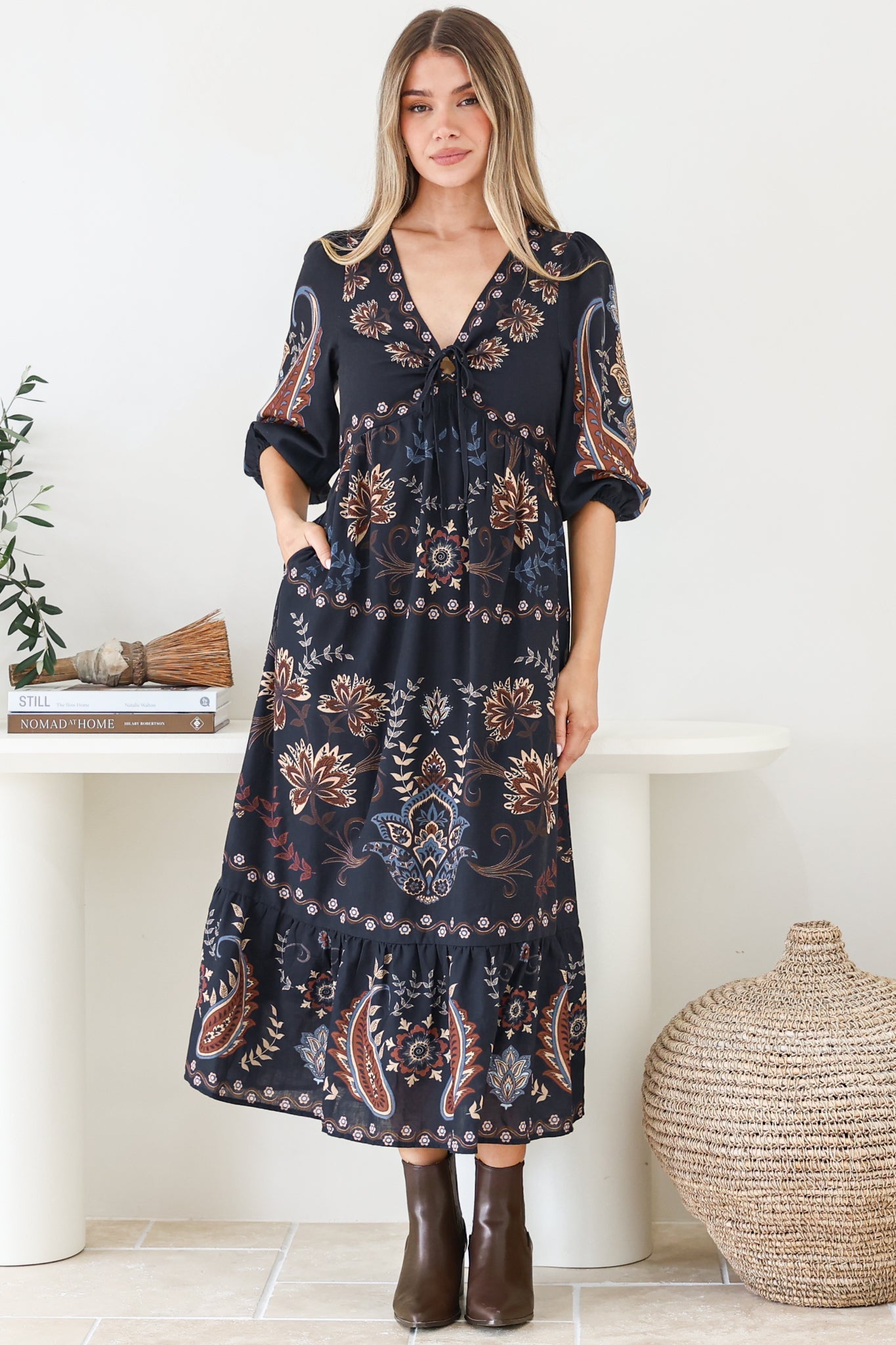 Thanya Midi Dress - V-Neck with Tie Balloon Sleeve Tiered Dress in Magah Print Navy