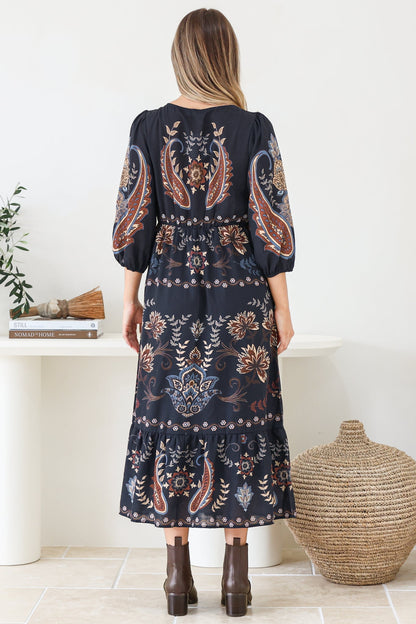 Thanya Midi Dress - V-Neck with Tie Balloon Sleeve Tiered Dress in Magah Print Navy