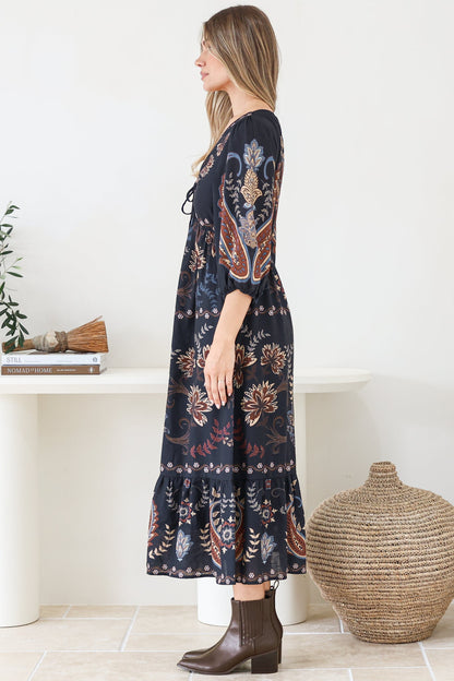 Thanya Midi Dress - V-Neck with Tie Balloon Sleeve Tiered Dress in Magah Print Navy
