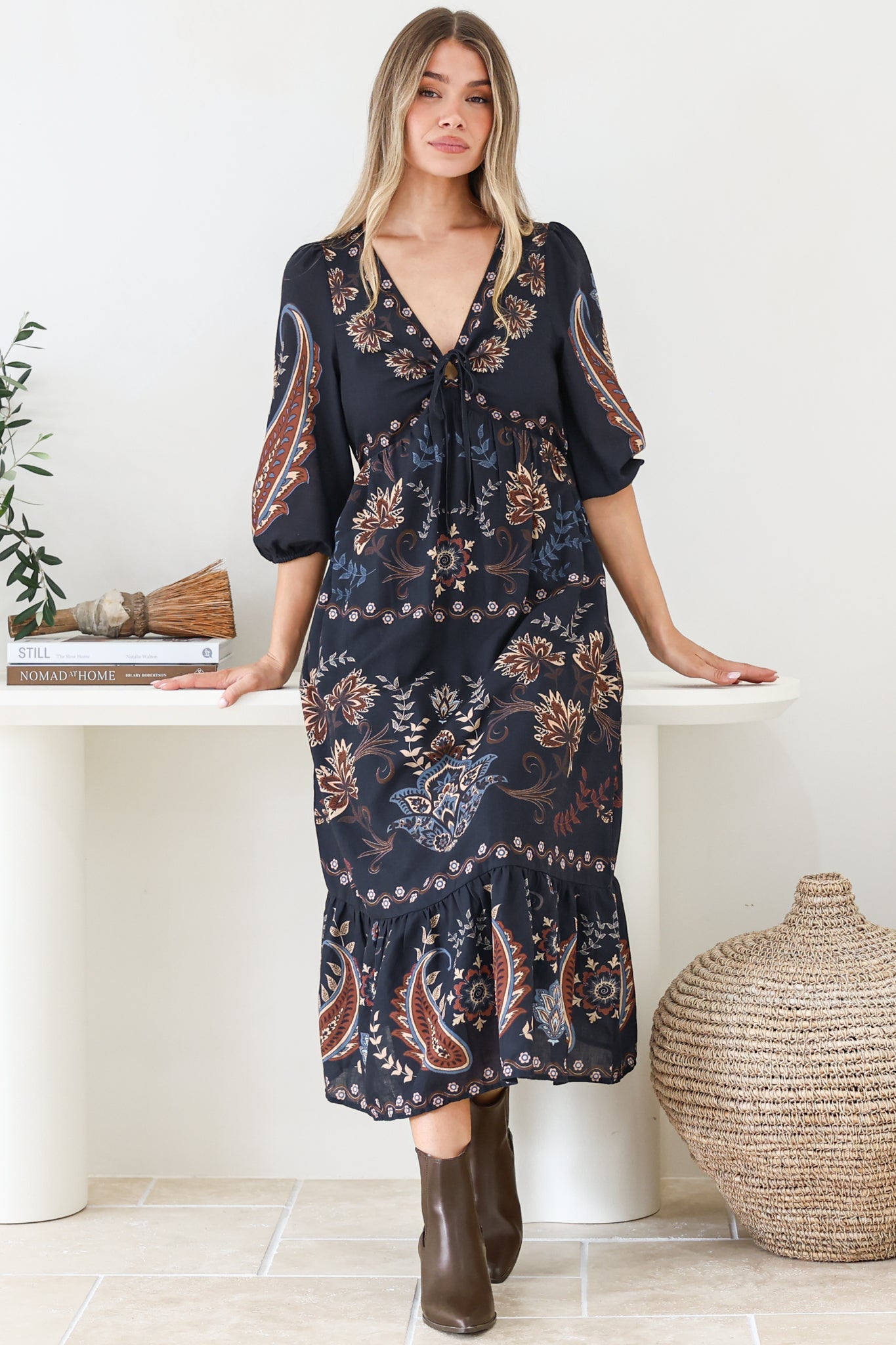 Thanya Midi Dress - V-Neck with Tie Balloon Sleeve Tiered Dress in Magah Print Navy