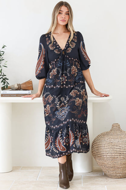 Thanya Midi Dress - V-Neck with Tie Balloon Sleeve Tiered Dress in Magah Print Navy