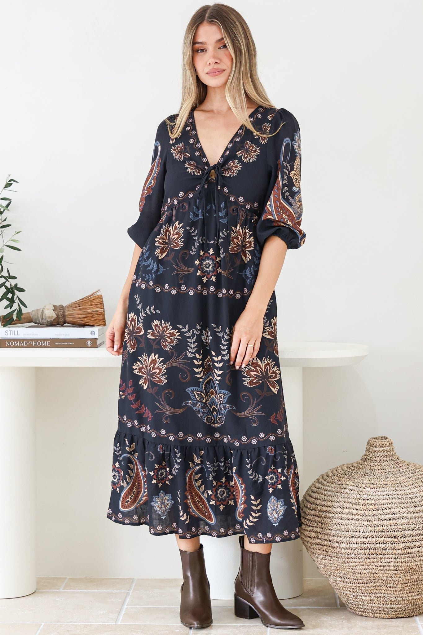 Thanya Midi Dress - V-Neck with Tie Balloon Sleeve Tiered Dress in Magah Print Navy
