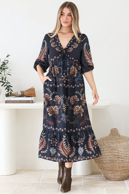 Thanya Midi Dress - V-Neck with Tie Balloon Sleeve Tiered Dress in Magah Print Navy