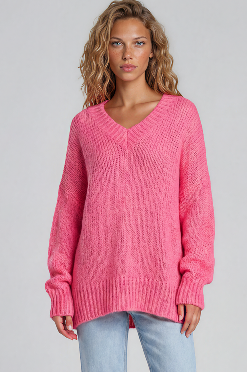 Thorne Jumper - V-Neck Ribbed Side Split Hemline Knit in Hot Pink