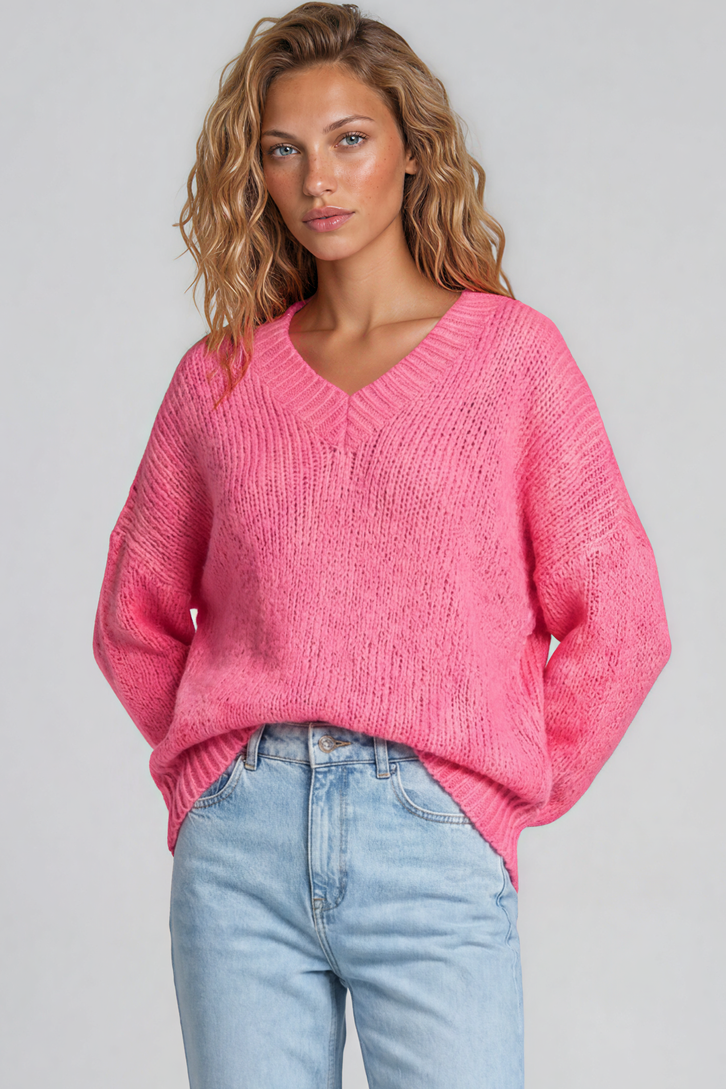 Thorne Jumper - V-Neck Ribbed Side Split Hemline Knit in Hot Pink