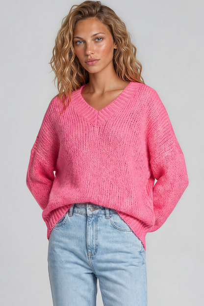 Thorne Jumper - V-Neck Ribbed Side Split Hemline Knit in Hot Pink