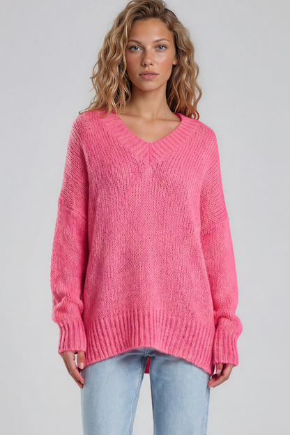 Thorne Jumper - V-Neck Ribbed Side Split Hemline Knit in Hot Pink