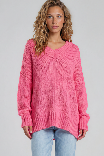 Thorne Jumper - V-Neck Ribbed Side Split Hemline Knit in Hot Pink