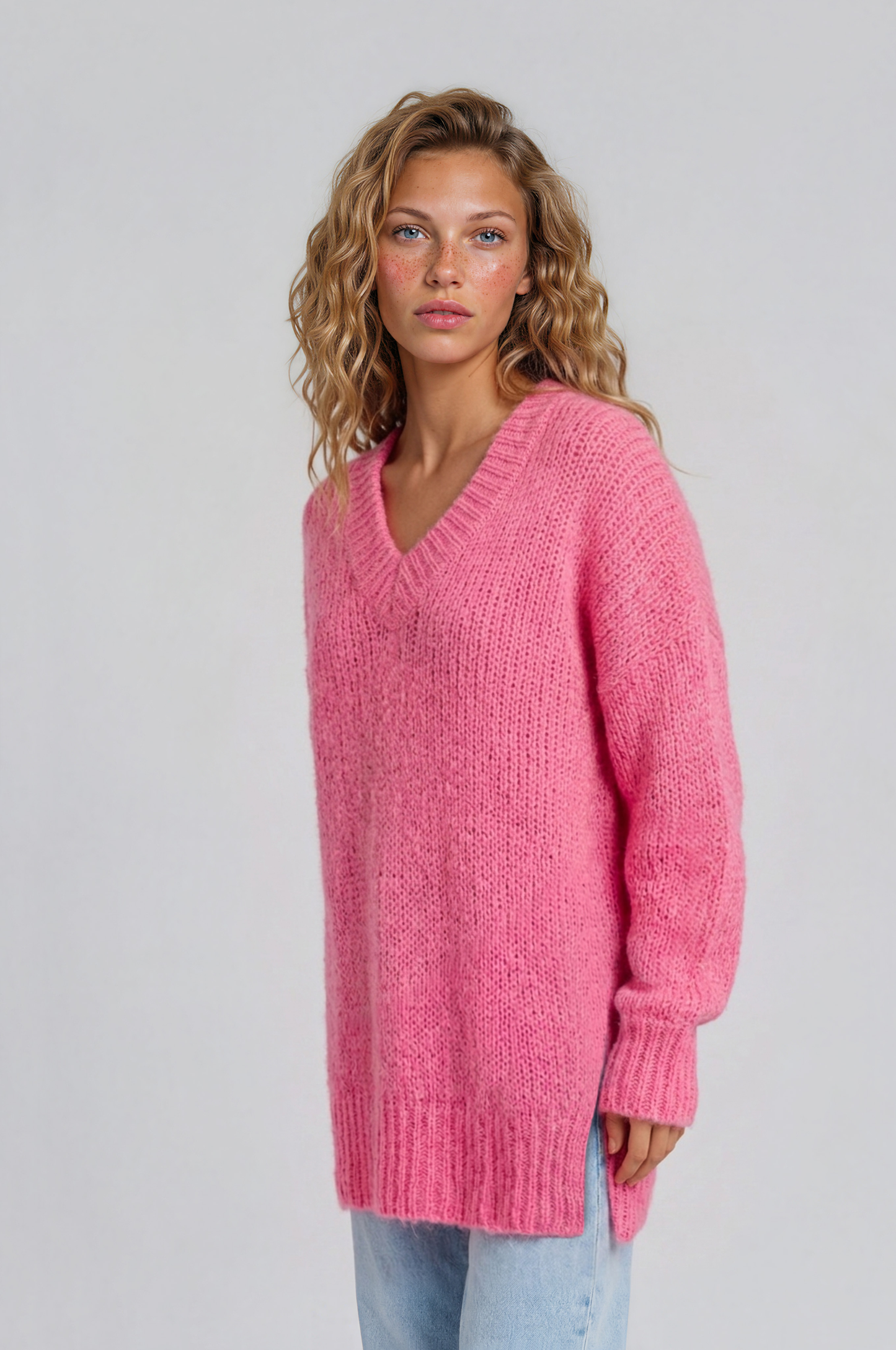 Thorne Jumper - V-Neck Ribbed Side Split Hemline Knit in Hot Pink