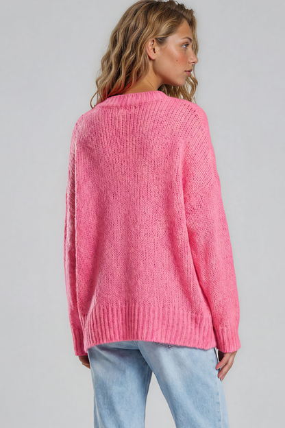 Thorne Jumper - V-Neck Ribbed Side Split Hemline Knit in Hot Pink
