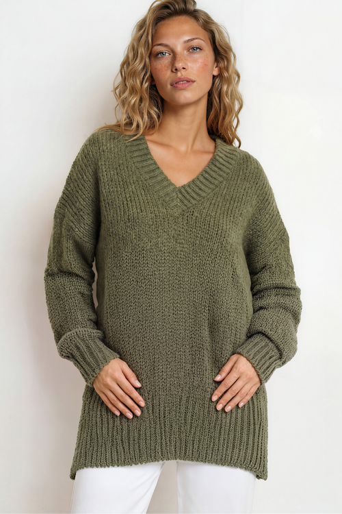 Thorne Jumper - V-Neck Ribbed Side Split Hemline Knit in Khaki