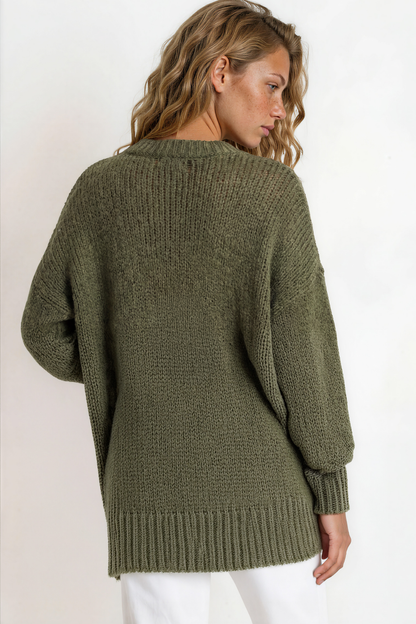 Thorne Jumper - V-Neck Ribbed Side Split Hemline Knit in Khaki
