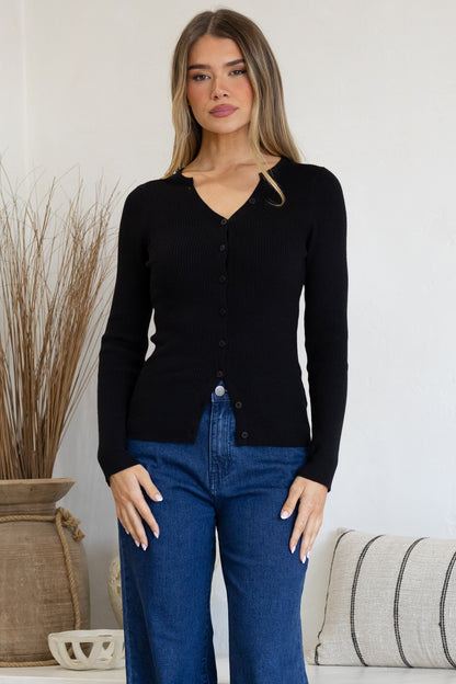 Tori Knit Top - Buttoned Down Long Sleeve Ribbed Knit in Black