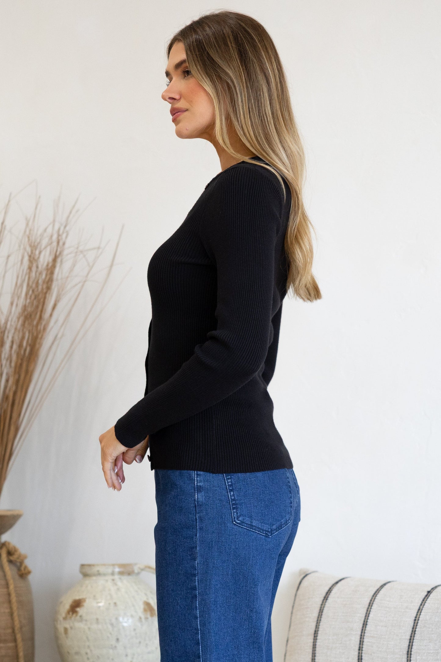 Tori Knit Top - Buttoned Down Long Sleeve Ribbed Knit in Black