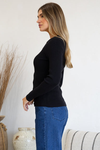 Tori Knit Top - Buttoned Down Long Sleeve Ribbed Knit in Black