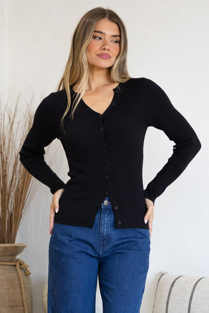 Tori Knit Top - Buttoned Down Long Sleeve Ribbed Knit in Black