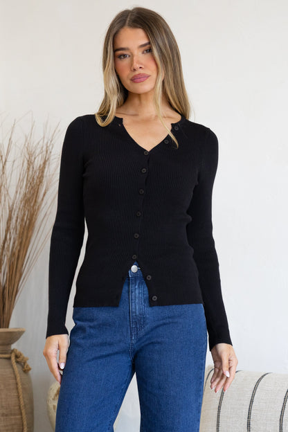 Tori Knit Top - Buttoned Down Long Sleeve Ribbed Knit in Black