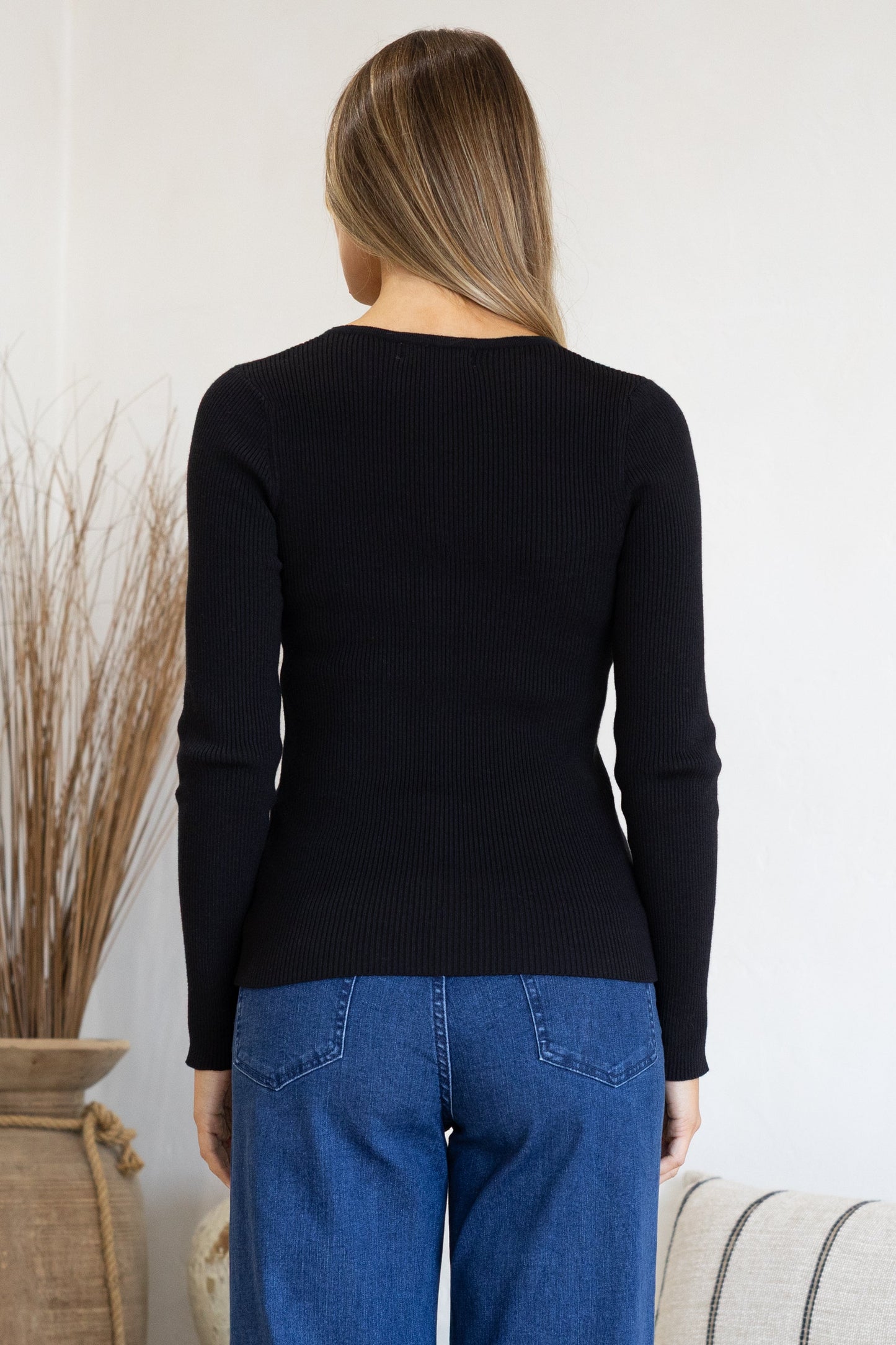 Tori Knit Top - Buttoned Down Long Sleeve Ribbed Knit in Black