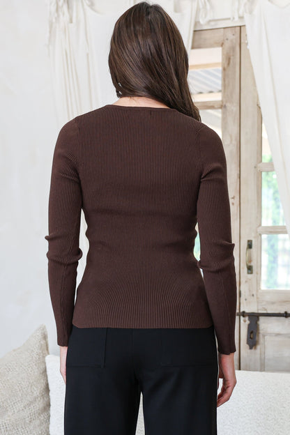 Tori Knit Top - Buttoned Down Long Sleeve Ribbed Knit in Chocolate