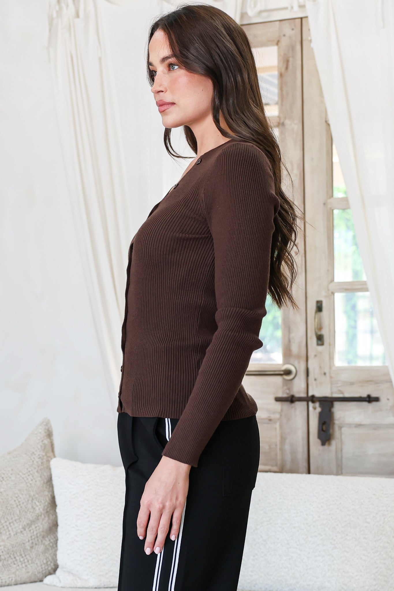 Tori Knit Top - Buttoned Down Long Sleeve Ribbed Knit in Chocolate