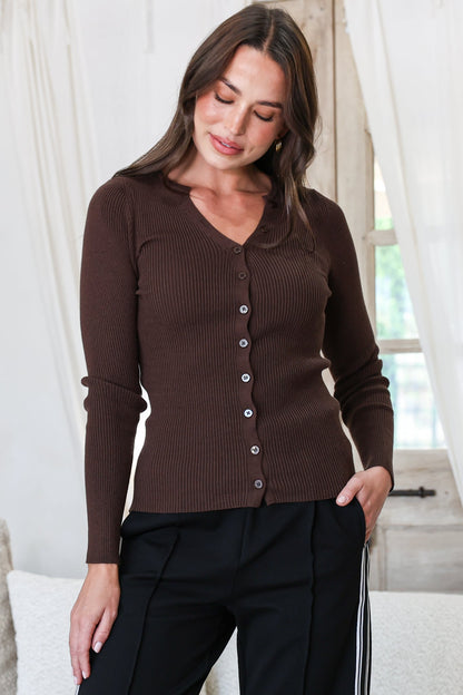 Tori Knit Top - Buttoned Down Long Sleeve Ribbed Knit in Chocolate