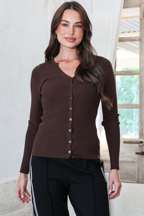 Tori Knit Top - Buttoned Down Long Sleeve Ribbed Knit in Chocolate