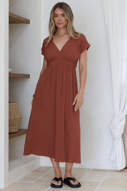 Torin Midi Dress - Gathered and Piping Detailed A-Line Dress with a V-Neckline in Rust