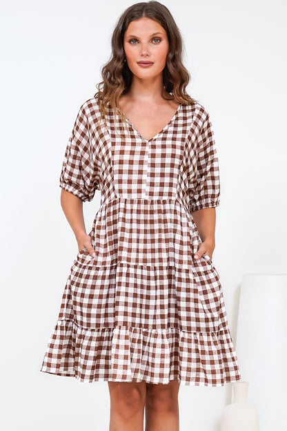 Treyshelle Mini Dress - V-Neck Puff Sleeve Tiered Dress in Gingham Brown