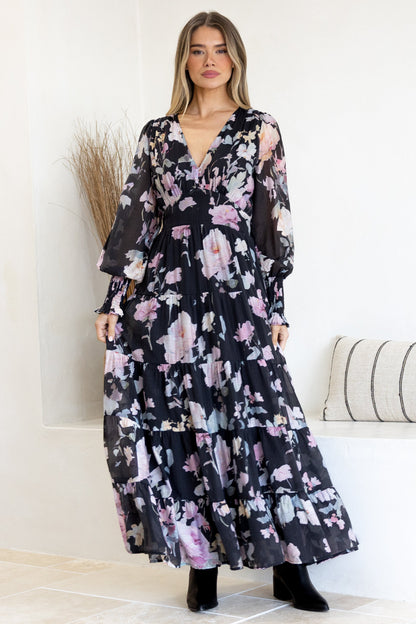 Trina Maxi Dress - Deep V Neck Tiered A-Line Dress with Balloon Sleeves in Bronson Print