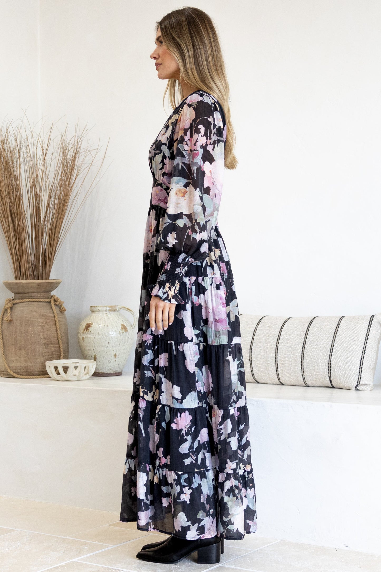 Trina Maxi Dress - Deep V Neck Tiered A-Line Dress with Balloon Sleeves in Bronson Print