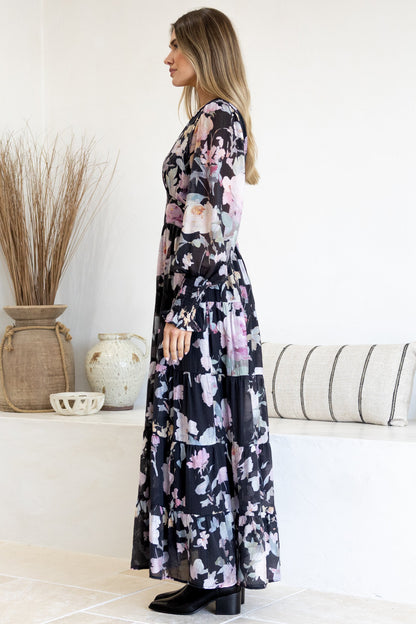 Trina Maxi Dress - Deep V Neck Tiered A-Line Dress with Balloon Sleeves in Bronson Print