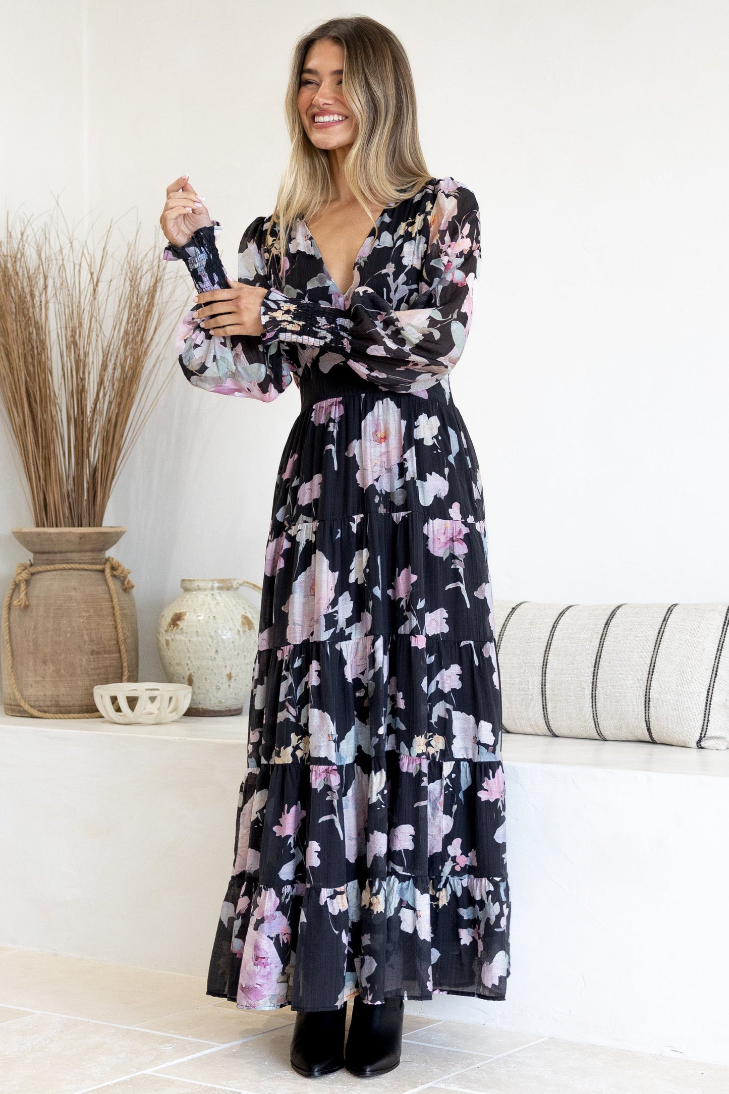 Trina Maxi Dress - Deep V Neck Tiered A-Line Dress with Balloon Sleeves in Bronson Print