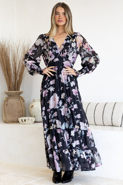 Trina Maxi Dress - Deep V Neck Tiered A-Line Dress with Balloon Sleeves in Bronson Print