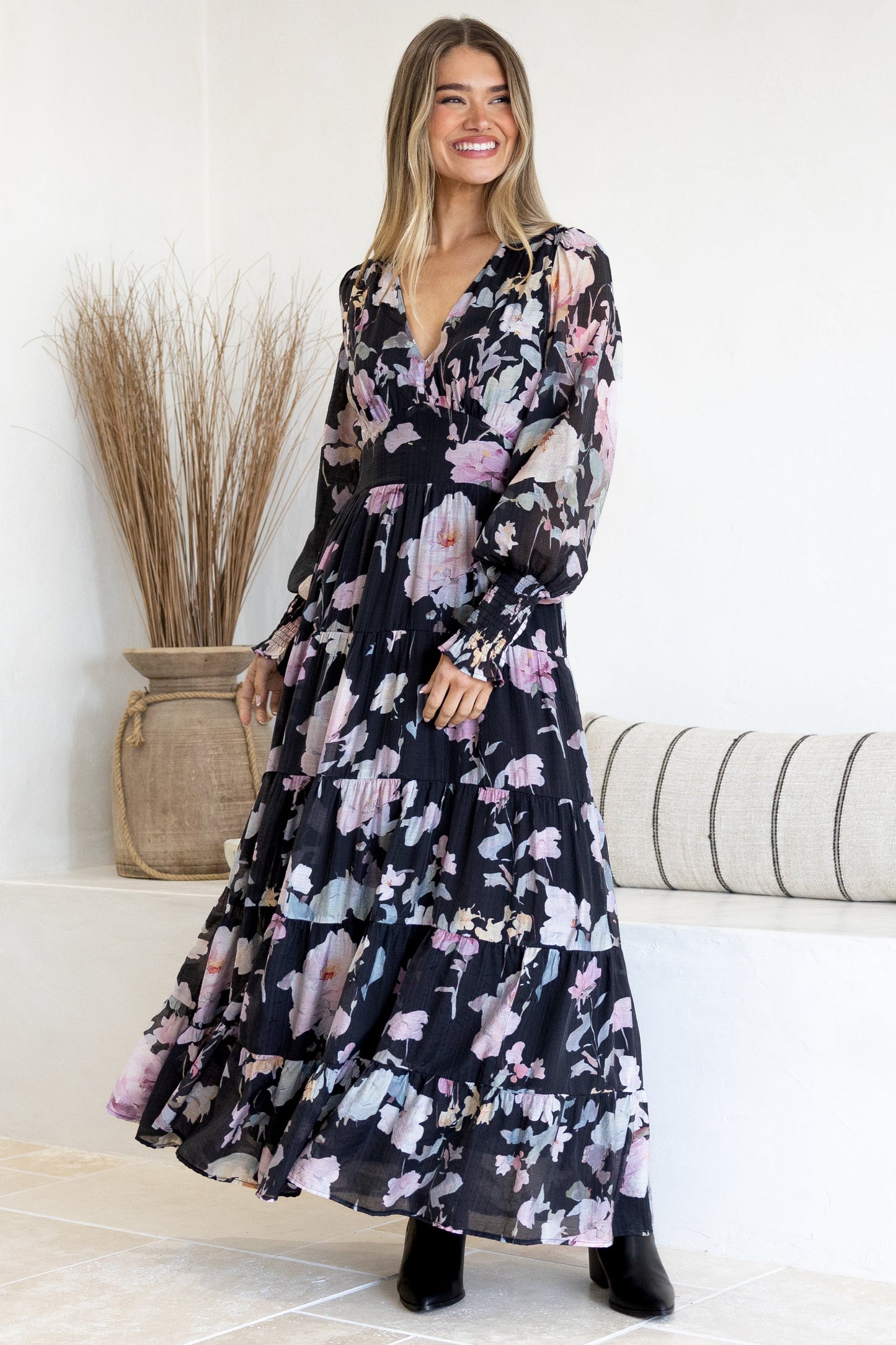 Trina Maxi Dress - Deep V Neck Tiered A-Line Dress with Balloon Sleeves in Bronson Print