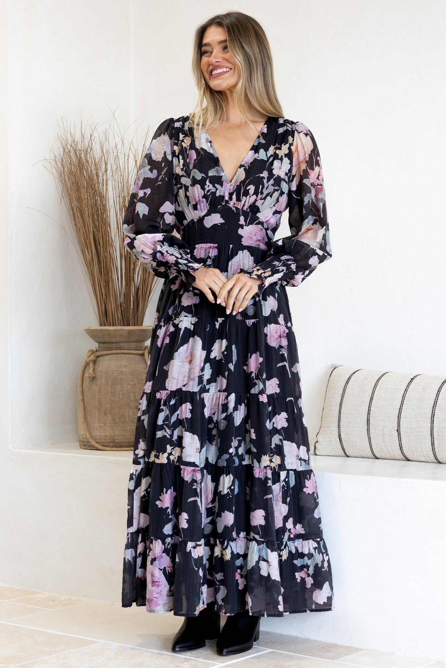 Trina Maxi Dress - Deep V Neck Tiered A-Line Dress with Balloon Sleeves in Bronson Print
