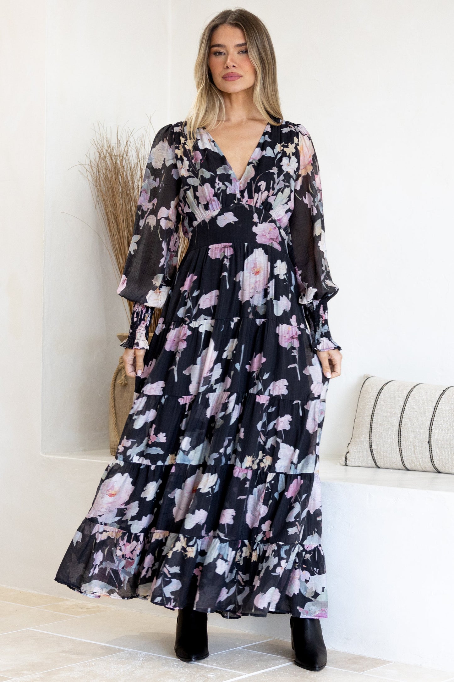 Trina Maxi Dress - Deep V Neck Tiered A-Line Dress with Balloon Sleeves in Bronson Print