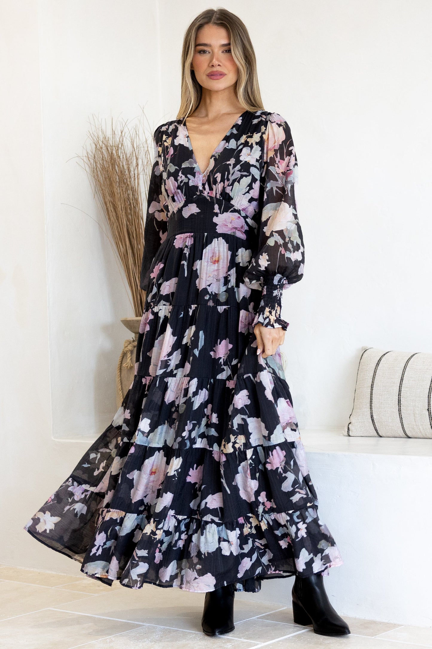 Trina Maxi Dress - Deep V Neck Tiered A-Line Dress with Balloon Sleeves in Bronson Print