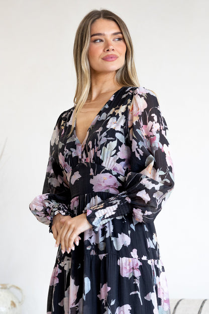 Trina Maxi Dress - Deep V Neck Tiered A-Line Dress with Balloon Sleeves in Bronson Print