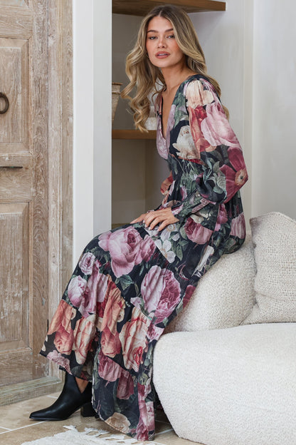 Trina Maxi Dress - Deep V Neck Tiered A-Line Dress with Balloon Sleeves in Annalisa Print
