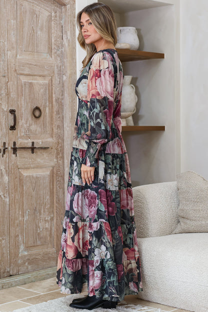 Trina Maxi Dress - Deep V Neck Tiered A-Line Dress with Balloon Sleeves in Annalisa Print